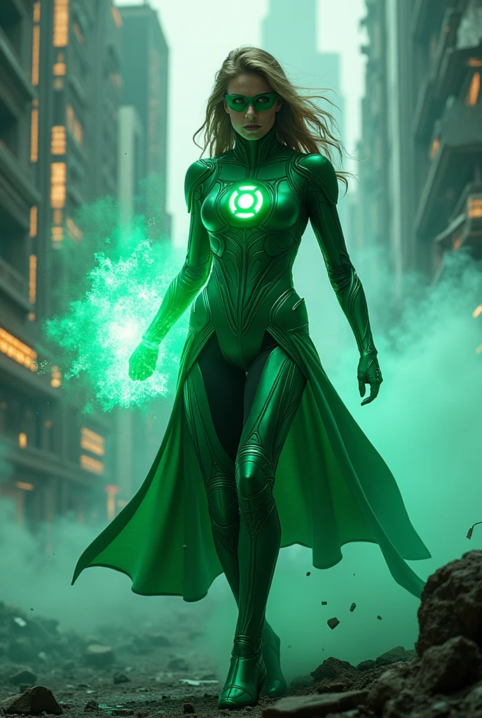 scene from the film, Woman dressed as DC's Green Lantern, extremely detaild, futuristic cityscape, natta, glowing neon lights, smoke billowing, Sparks, Metal shavings, flying debris, blue energy effects, volumetric light