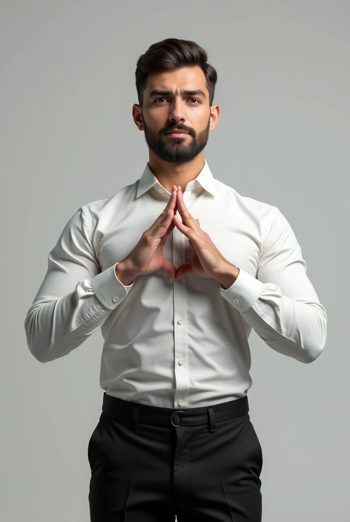 (photorealism:1.2), male adult, full body, black pants, white long sleeve shirt, triangle two hand sign in front of chest