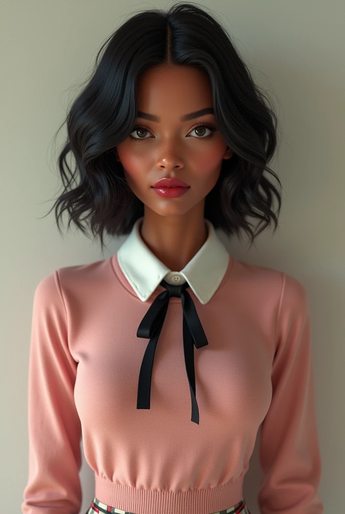 Generates an image of a light brown-skinned woman whose tone does not exceed the color of cinnamon 1.70 m tall shoulder length wavy black hair slightly disheveled near the tips, broad and curved nose, with a rose-colored sweater and a white collar with a thin black bow tie that ends in a bow, Lips outlined with cherry red blush, a very light beige skirt with black and red tartan in its lines