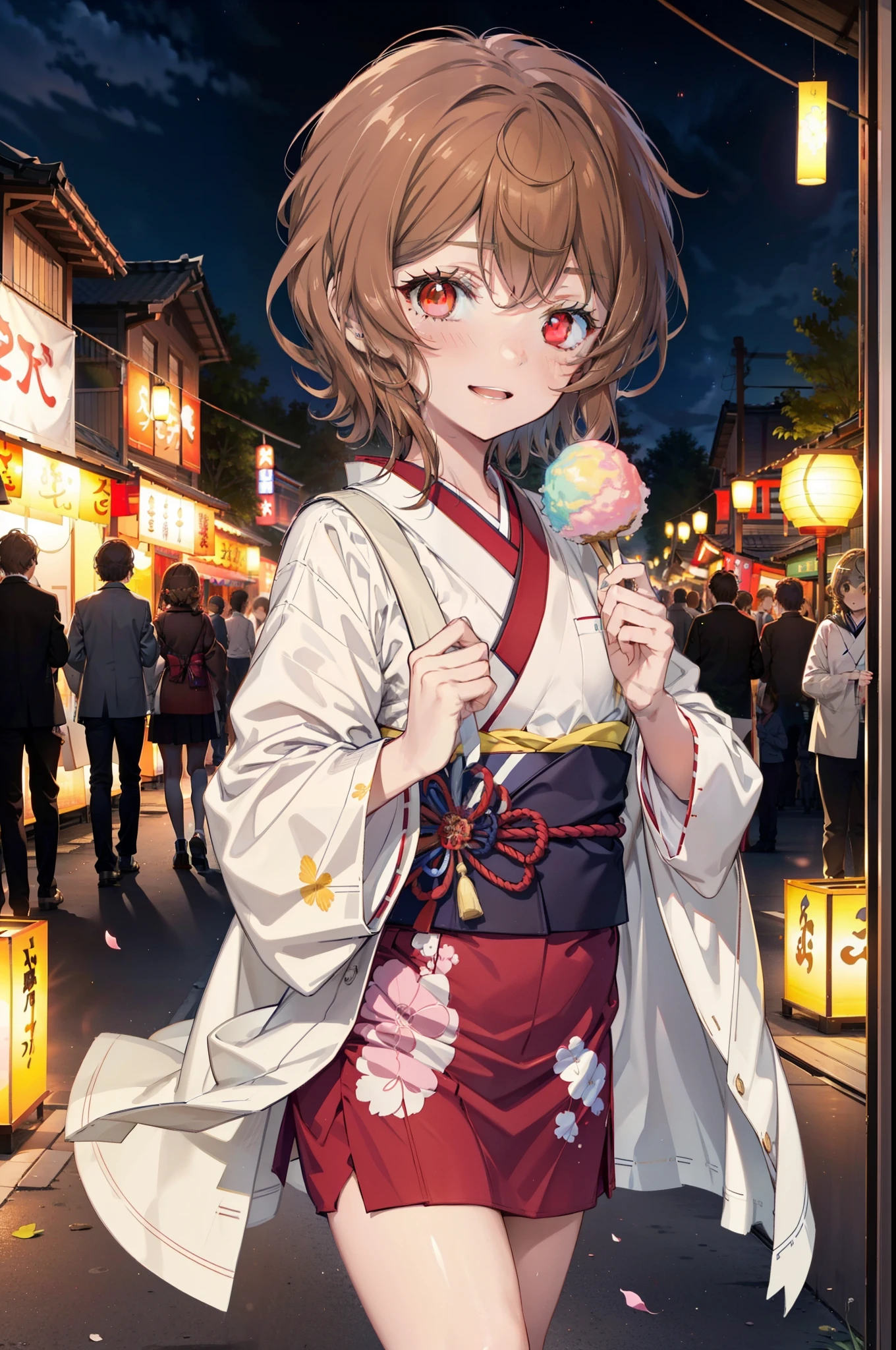 Lililukarde,  (Brown eyes:1.7), Brown Hair, (Flat Chest:1.2), short hair,smile,blush,Open your mouth,night,Brown kimono,mini skirt,He is holding cotton candy in his right hand and a clear bag full of cotton candy in his left hand.,Japanese Festivals,Summer festival food stalls,Red lantern,whole bodyがイラストに入るように,
break looking at viewer,whole body, (Cowboy Shot:1. 5),
break outdoors, Veranda,
break (masterpiece:1.2), Highest quality, High resolution, unity 8k wallpaper, (figure:0.8), (Beautiful attention to detail:1.6), Highly detailed face, Perfect lighting, Highly detailed CG, (Perfect hands, Perfect Anatomy),