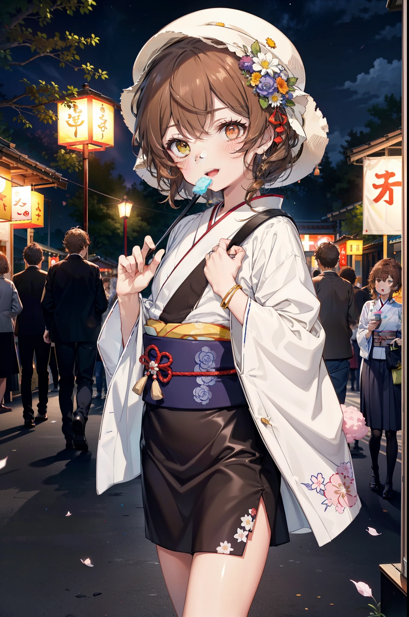 Lililukarde,  (Brown eyes:1.7), Brown Hair, (Flat Chest:1.2), short hair,smile,blush,Open your mouth,night,Brown kimono,mini skirt,He is holding cotton candy in his right hand and a clear bag full of cotton candy in his left hand.,Japanese Festivals,Summer festival food stalls,Red lantern,whole bodyがイラストに入るように,
break looking at viewer,whole body, (Cowboy Shot:1. 5),
break outdoors, Veranda,
break (masterpiece:1.2), Highest quality, High resolution, unity 8k wallpaper, (figure:0.8), (Beautiful attention to detail:1.6), Highly detailed face, Perfect lighting, Highly detailed CG, (Perfect hands, Perfect Anatomy),