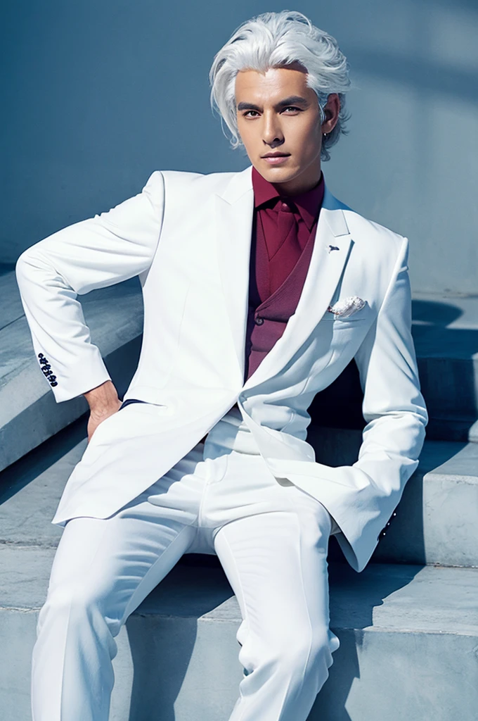 handsome yangerman , white hair , fullbody , white suit , blue jeans