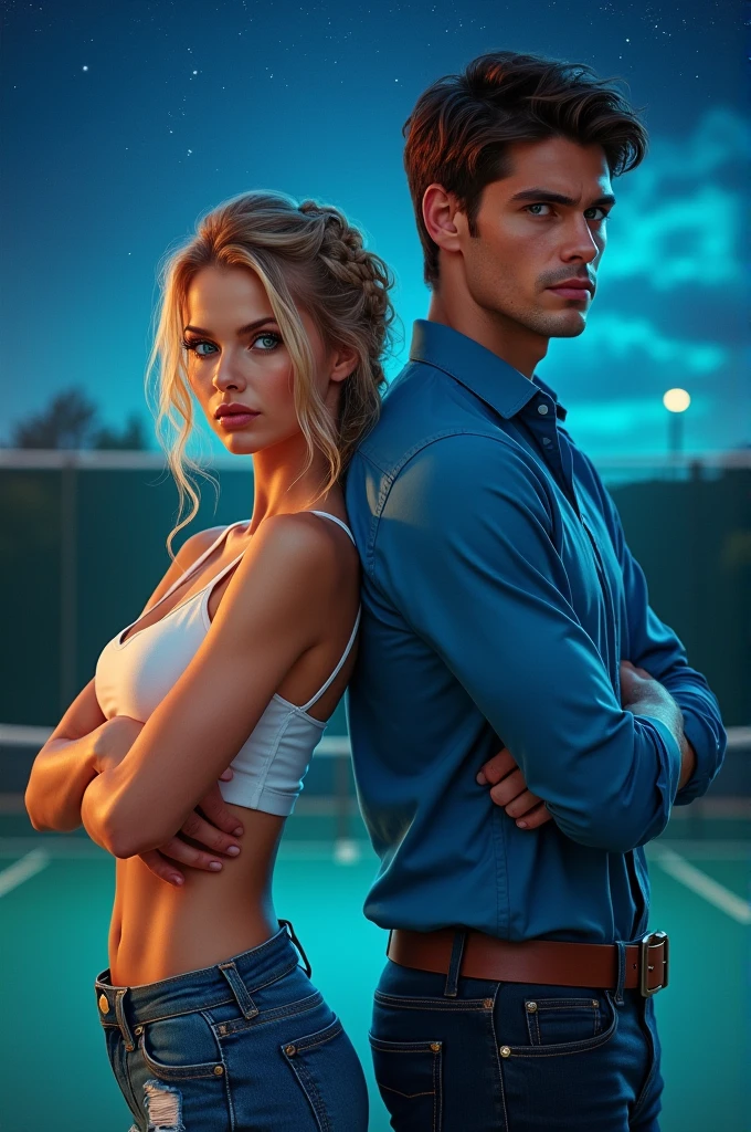 Taylor Swift’s song “cowboy like me” as a book cover. Write the title out. A man and a woman. She has a side braid and ash blonde hair and green eyes. He has black hair and blue eyes. They are back to back, looking at each other. She had a smirk in her face and he has a soft smile. She’s wearing a white crop top and ripped jeans. He’s wearing a blue button up dress shirt and slacks. Make the background a tennis court, at night, with a lot of stars in the sky