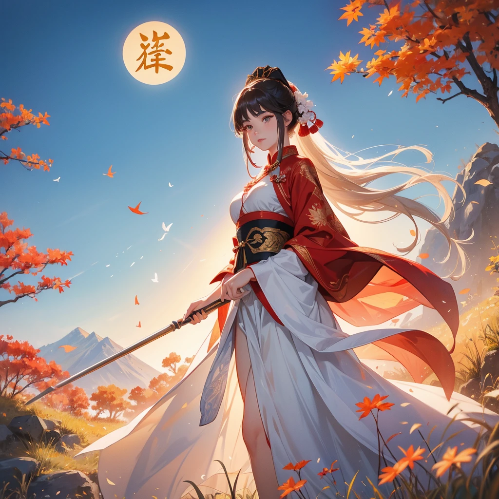 A beautiful female general holding a big spear in white ancient Chinese general costume, walking In the middle of a spring mountain ,the backdrop is a mountain that turns red in spring, and maple leaves fall from the trees. The sun shines and the sun rises, close up.