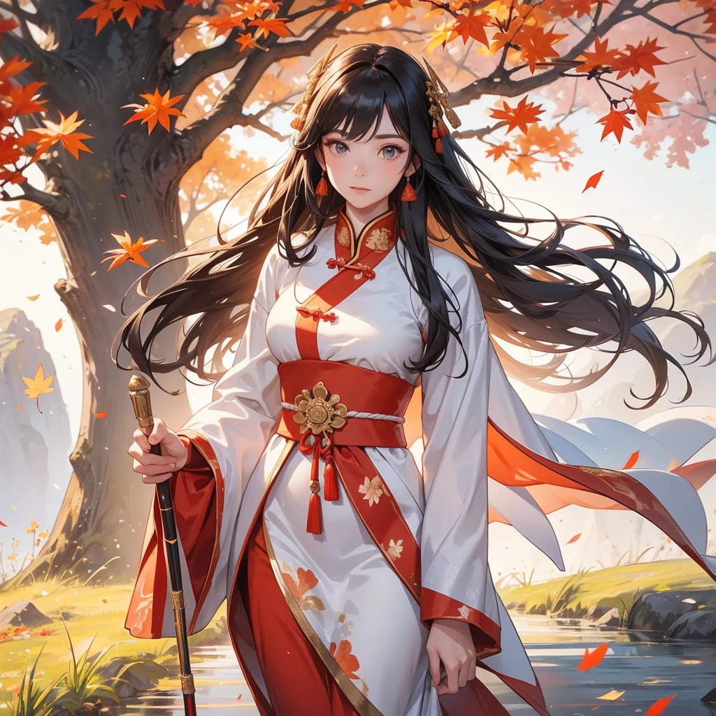 A beautiful female general holding a big spear in white ancient Chinese general costume, walking In the middle of a spring mountain ,the backdrop is a mountain that turns red in spring, and maple leaves fall from the trees. The sun shines and the sun rises, close up.