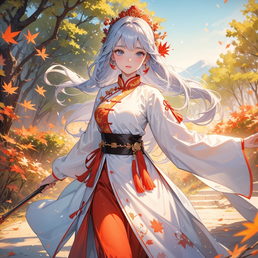A beautiful female general holding a big spear in white ancient Chinese general costume, walking In the middle of a spring mountain ,the backdrop is a mountain that turns red in spring, and maple leaves fall from the trees. The sun shines and the sun rises, close up.