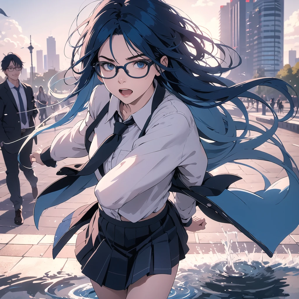 1 woman, long blue hair, glasses, surprised expression, (flying in the wind), holding down skirt, overhead view, fountain in park, best quality, 4k, 8k, highres, masterpiece:1.2, ultra-detailed, realistic, photorealistic, photo-realistic:1.37, HDR, UHD, studio lighting, ultra-fine painting, sharp focus, physically-based rendering, extreme detail description, professional, vivid colors, bokeh, portrait, strong wind