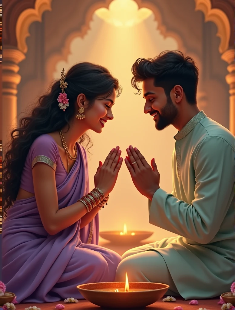 Keep the above characters. Now they are sitting in a Puja. Girl has open curly hair and is wearing a lavender saree. Groom is wearing a mint colour kurta. They are facing god and have their hands folded. They are deep in devotion and look very happy