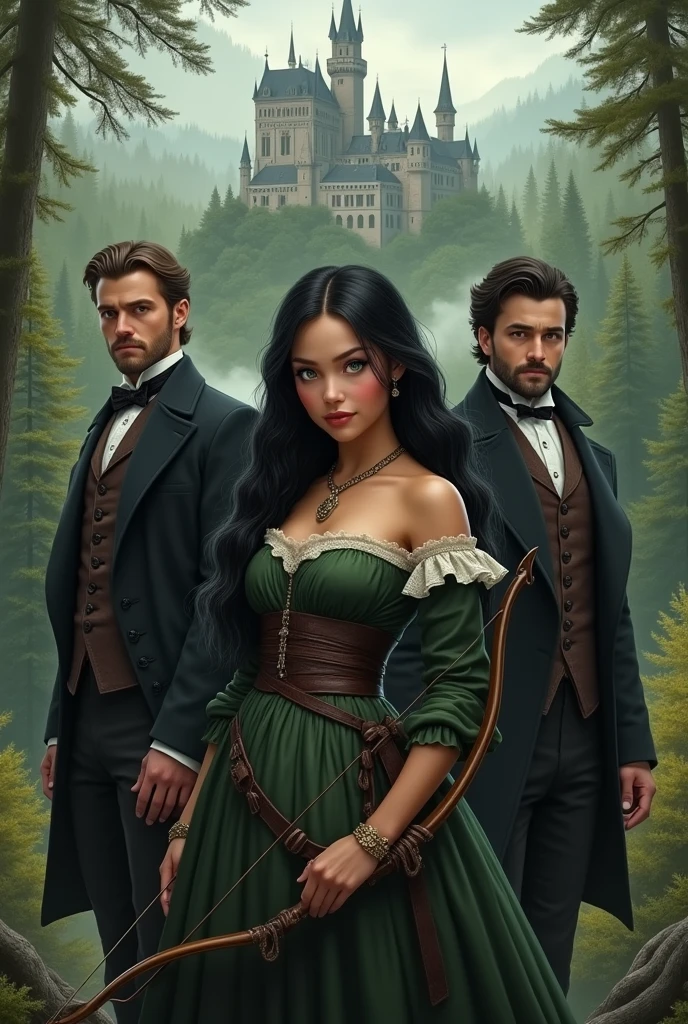 20 year old woman with innocent and detailed face and (real face )Apache and English descent with black hair and green eyes, body with perfectly detailed curves, dressed in trousers and a blouse from the Victorian era imitating Robin Hood with a bow and arrow and behind her at her back a perfect and very real 3 man with a manly face and perfect jaw, White skin and detailed eyes in a blue color as beautiful as the sea,( real face) dressed in a black Victorian suit and a castle with an immense forest in the background