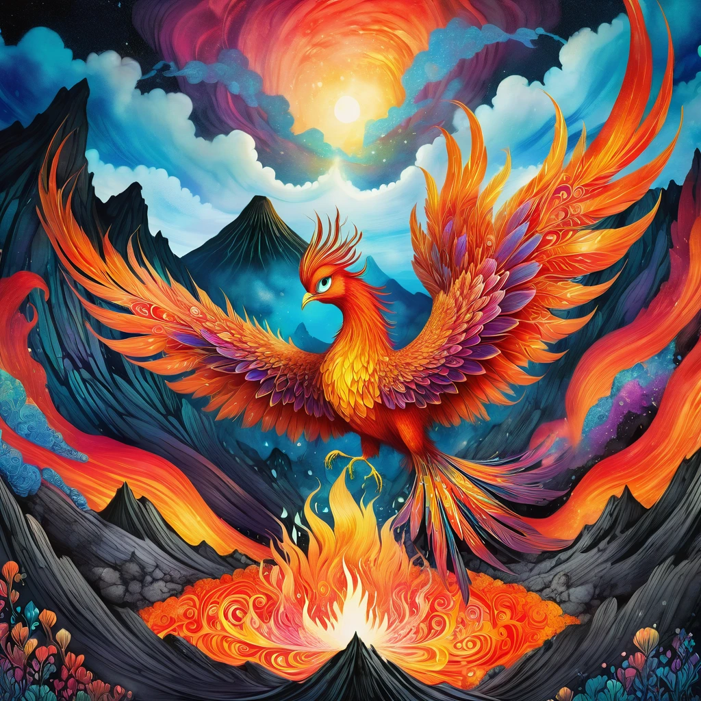 A magical phoenix emerging from a volcanic crater, detailed ink painting, children's illustration style, pop surrealism, beautiful intricate patterns, vibrant colors, dynamic composition, dramatic lighting, ethereal atmosphere, whimsical fantasy, stunning details, (best quality,4k,8k,highres,masterpiece:1.2),ultra-detailed,(realistic,photorealistic,photo-realistic:1.37)