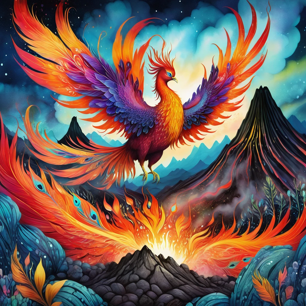 A magical phoenix emerging from a volcanic crater, detailed ink painting, children's illustration style, pop surrealism, beautiful intricate patterns, vibrant colors, dynamic composition, dramatic lighting, ethereal atmosphere, whimsical fantasy, stunning details, (best quality,4k,8k,highres,masterpiece:1.2),ultra-detailed,(realistic,photorealistic,photo-realistic:1.37)