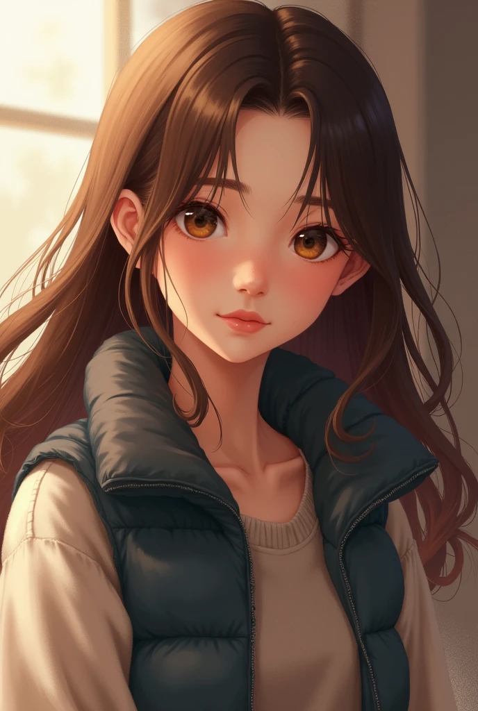 pretty girl, brown hair with padded vest