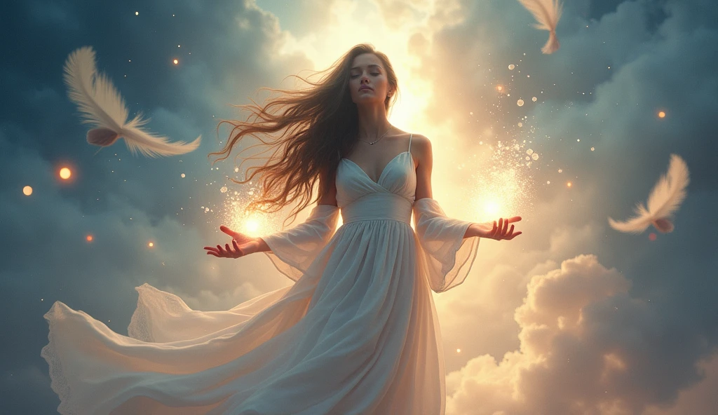 A mystical and ethereal scene featuring a long-haired woman gently releasing glowing orbs of light, symbolizing letting go on a spiritual journey. The woman appears serene and radiant, surrounded by a soft, mystical environment with floating feathers, light trails, and gentle clouds. The background is a blend of deep blues, purples, and golden hues, creating a sense of spiritual depth and transformation. The scene is bathed in a soft, glowing light, enhancing the feeling of serenity and spiritual elevation.
