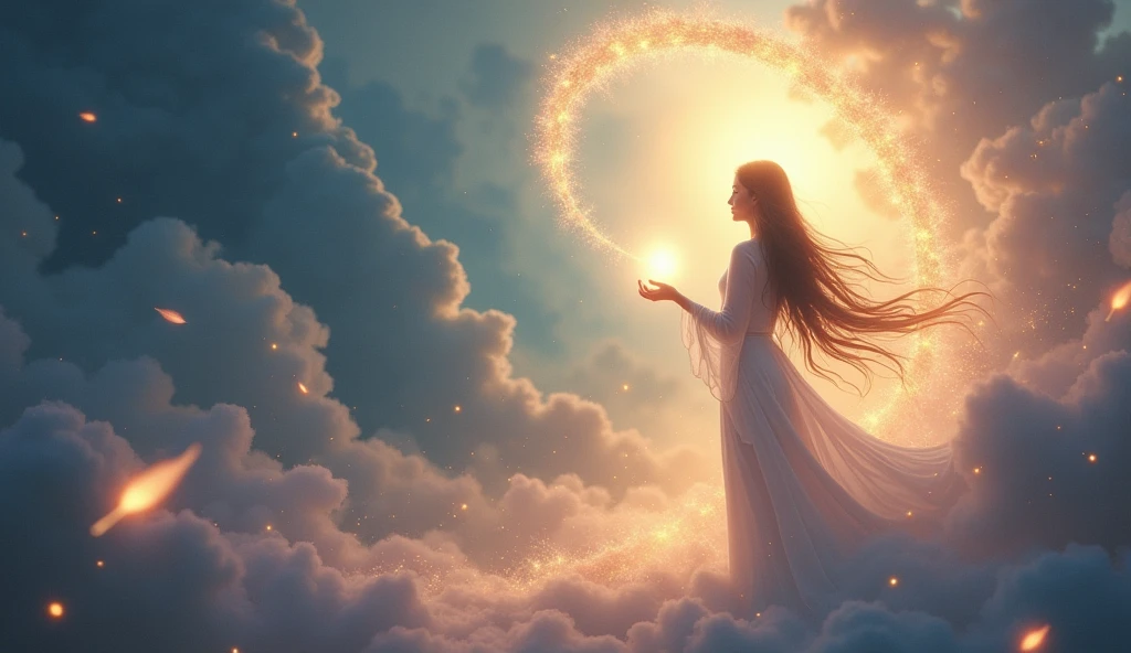 A mystical and ethereal scene featuring a long-haired woman gently releasing glowing orbs of light, symbolizing letting go on a spiritual journey. The woman appears serene and radiant, surrounded by a soft, mystical environment with floating feathers, light trails, and gentle clouds. The background is a blend of deep blues, purples, and golden hues, creating a sense of spiritual depth and transformation. The scene is bathed in a soft, glowing light, enhancing the feeling of serenity and spiritual elevation.