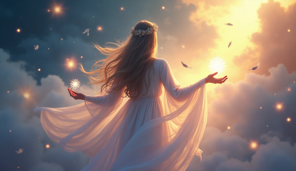 A mystical and ethereal scene featuring a long-haired woman gently releasing glowing orbs of light, symbolizing letting go on a spiritual journey. The woman appears serene and radiant, surrounded by a soft, mystical environment with floating feathers, light trails, and gentle clouds. The background is a blend of deep blues, purples, and golden hues, creating a sense of spiritual depth and transformation. The scene is bathed in a soft, glowing light, enhancing the feeling of serenity and spiritual elevation.