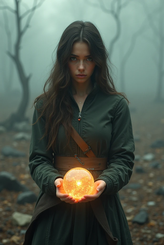 A young woman in a post-apocalyptic landscape, determined expression, holding a glowing orb in her hands, epic sci-fi atmosphere, cinematic lighting, muted color palette, (best quality,4k,8k,highres,masterpiece:1.2),ultra-detailed,(realistic,photorealistic,photo-realistic:1.37),dramatic perspective,cinematic composition,dystopian environment,glowing energy sphere,powerful female protagonist,post-apocalyptic setting,dramatic lighting,moody colors,digital painting,concept art style