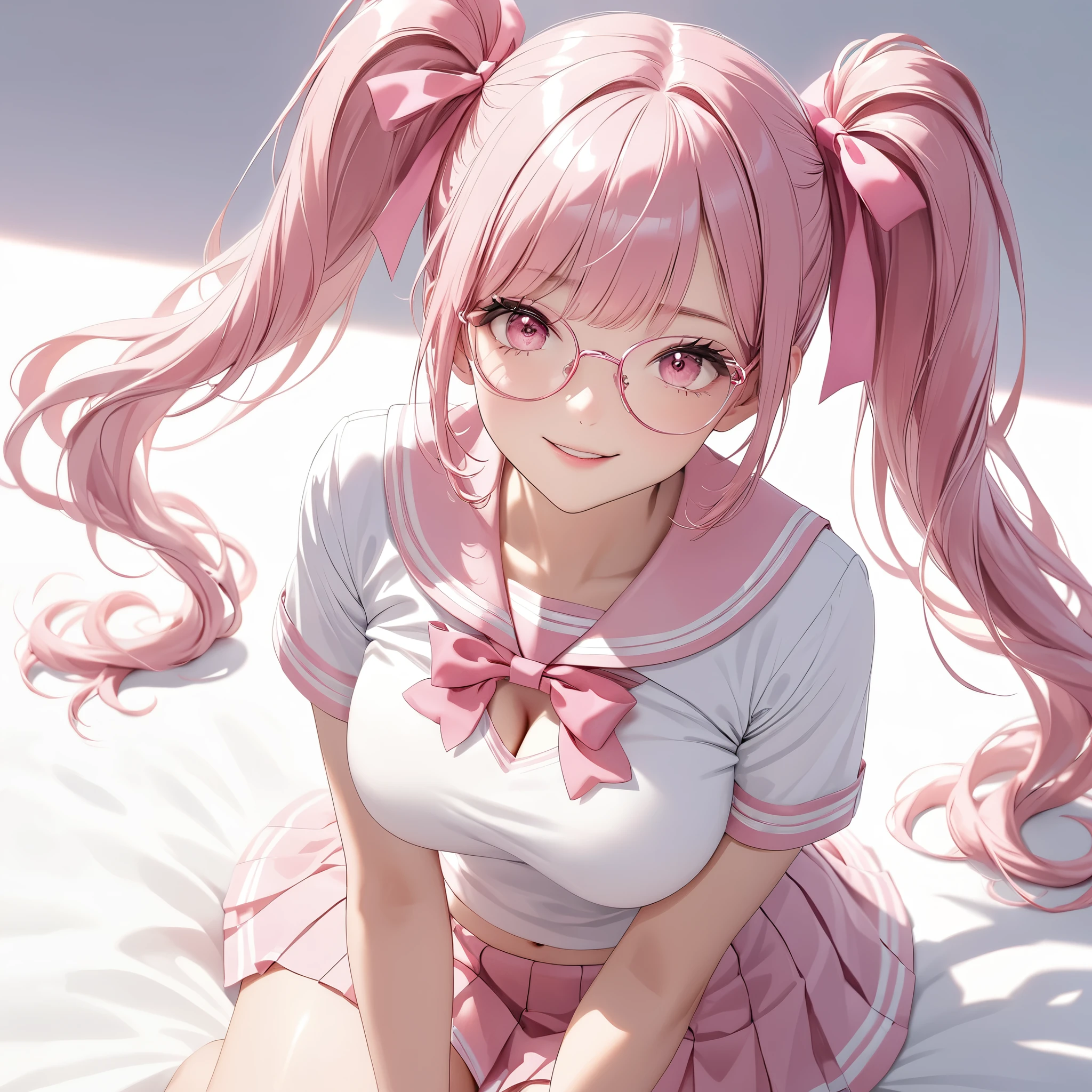 (8K, masutepiece, Best Quality, Official art, Breathtaking beauty and aesthetics, highly beautiful lighting, highly beautiful detailed), (1 Girl, Solo), (sixteen years old), (beautiful detailed face), (shiny white skin), (Beautiful big bust, cleavage, thighs, navel focus:1.3), (beautiful detailed pink twin tails hair, Bangs:1.3), (beautiful detailed drooping pink eyes:1.5), (pink glasses:1.3), (high school uniform:1.3), (patsel pink sailor collar, white short sleeves short length outing shirt, pastel pink pleated skirt, patsel pink ribbon:1.3), (happy smile:1.2), (Attractive, sensational, look at the camera, cute pose, lying, lie on her back, from above:1.3), (simple white plain background:1.5),