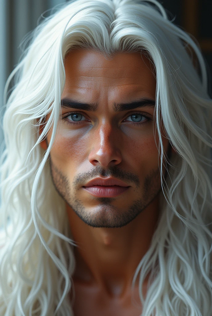 A young man with long white hair, tanned skin, dark blue eyes, handsome, calm. 