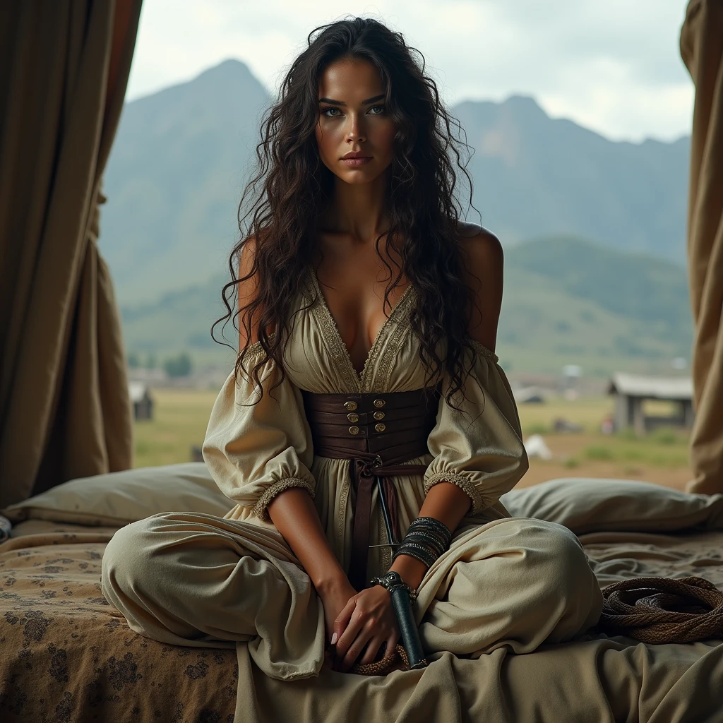beautiful woman, sitting on bed, wearing old warrior dress , long curly hair, background There are big mountains and battlefield behind , she was one hand katana and one hand horse roap