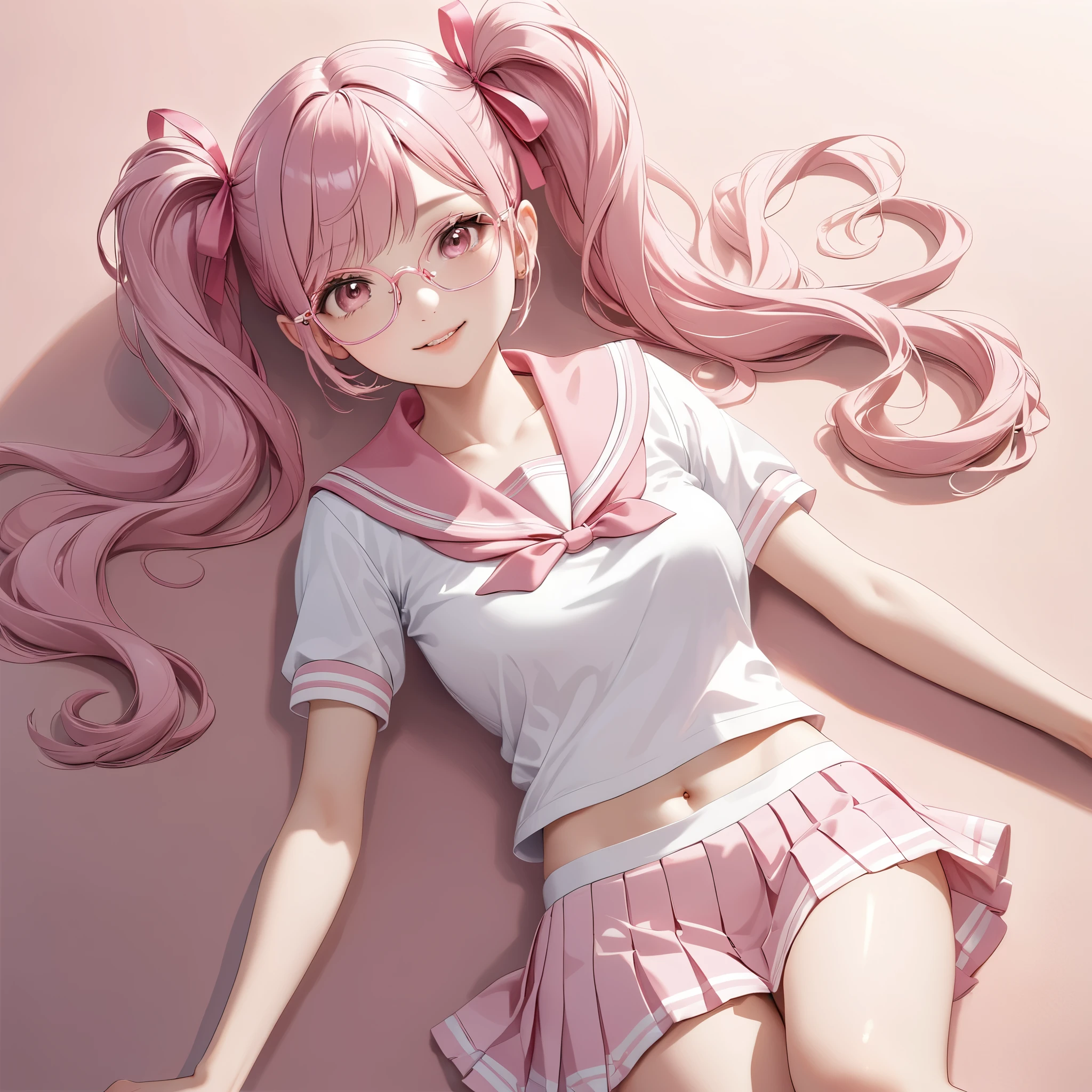 (8K, masutepiece, Best Quality, Official art, Breathtaking beauty and aesthetics, highly beautiful lighting, highly beautiful detailed), (1 Girl, Solo), (), (beautiful detailed face), (shiny white skin), (Beautiful big bust, cleavage, thighs, navel focus:1.3), (beautiful detailed pink twin tails hair, Bangs:1.3), (beautiful detailed drooping pink eyes:1.5), (pink glasses:1.3), (high school uniform:1.3), (patsel pink sailor collar, white short sleeves short length outing shirt, pastel pink pleated skirt, patsel pink ribbon:1.3), (happy smile:1.2), (Attractive, sensational, look at the camera, cute pose, lying, lie on her back, from above:1.3), (simple white plain background:1.5),