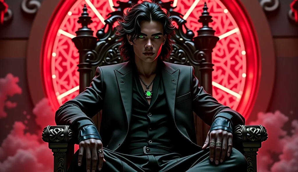 rhysand acotar, RAW Photos,black light, dark hair , rhysand, sarcastic brunette, dark surroundings, Dark masterpiece, homem fair brown-skinned, sitting in a throne, throne with thorns, black roses, man black clothes black, posing photo, black witchcraft, red geometric shiny background, full body size, Eastern fantasy theme, Neon green eyes, underworld, cold stare, Dark clothes, long and tight, fair brown-skinned, color classification, dark illustration, extreme quality, Radiant, extremely detaild, Face ultra detailed, ultra hd 8k, ultradigitality, mythical, black lightning, Conceital Art Portrait of Greg Rutkowski, artgerm, hyperdetailed, intricately detailed Gothic art, dark gothic fantasy style, triadic colors, Fantastic, intricate-detail, opening screen, colors complementary, fantasy concept art, 8K resolution, masterpiece of gothic deviantart, Heavy strokes, soft lighting, Surrealism
