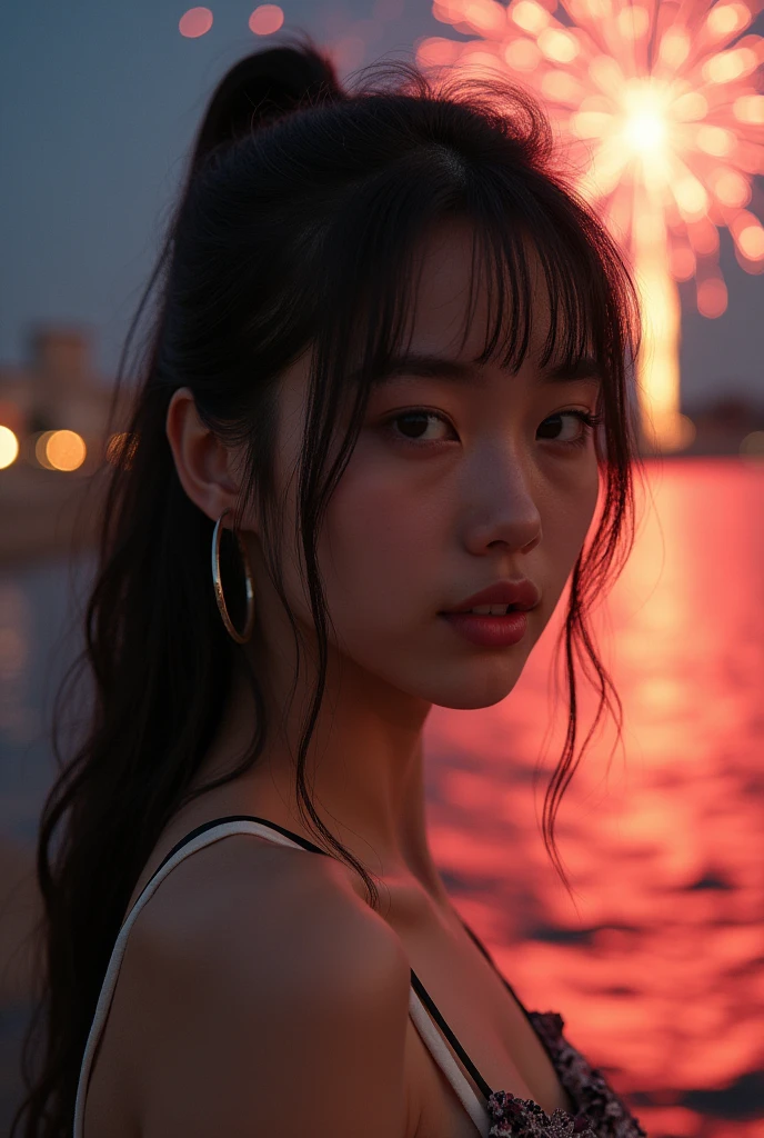 backlighting ((silhouette)), (masterpiece), photorealistic of 1girl, sad, look down, in sorrow, from behind, full body, ((windblown hair)), best proportion, outdoor, night scene, ((monochrome)), (((fireworks))), bokeh, wideshot, ((Black and white)), ((grayscale)), from below