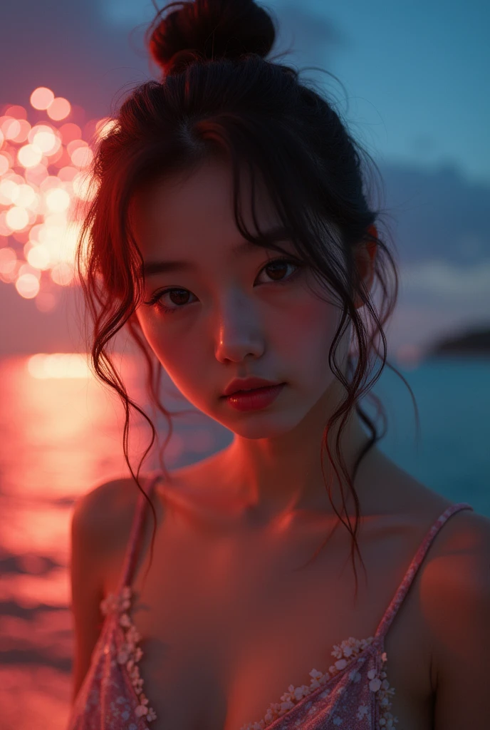 Japanese，Age 18，Young Girls，Randomly generate people with various facial features and hairstyles，Perfect anatomical structure,ocean，beach，Fireworks，Night Sky，Launch Fireworks， ocean，Sweet girl，photo shoot，magazine photography