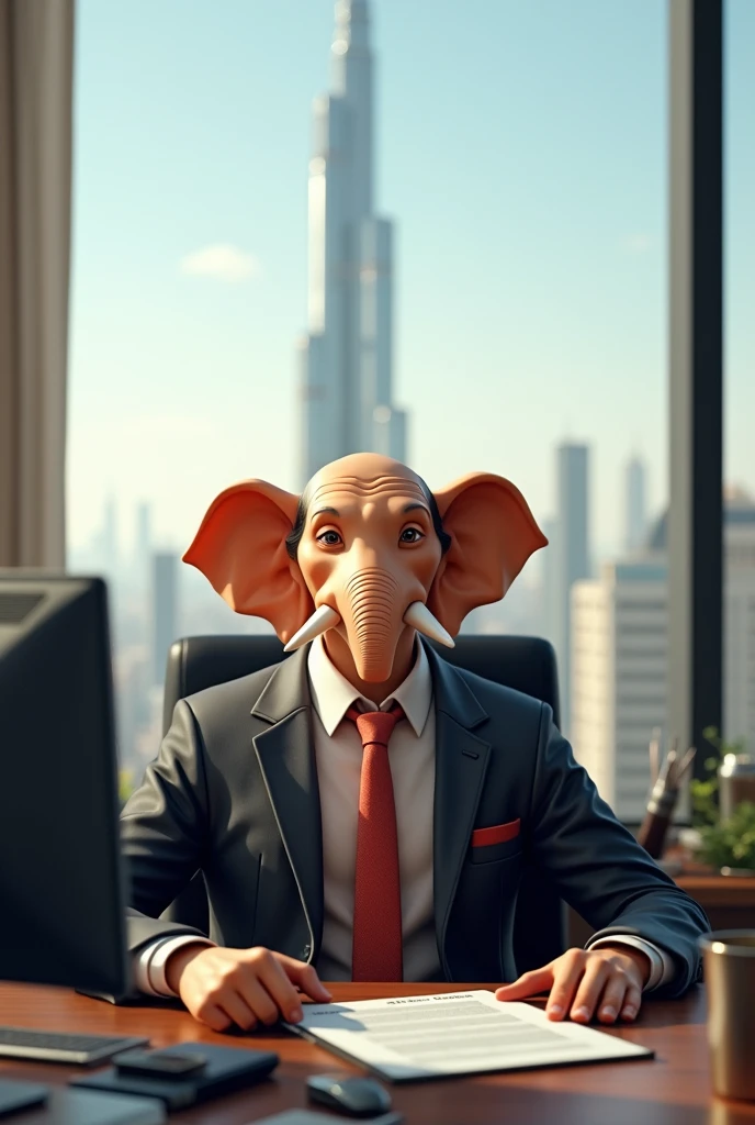 Lord ganesha working in office on the back side Burj Khalifa  with last same image looking at camera with smile with having suit and tie