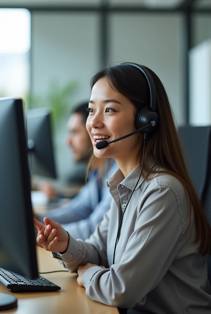 Image of a woman working as a customer service officer using earphones 