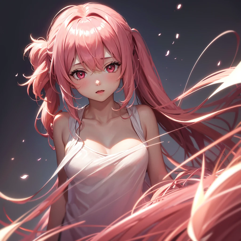 Glow Art: 1.0), (bright, sketch, drawing: 1.0), One person, bangs, red eyes bright relucent light in hair, blush, clavicle, Hair between the eyes, Long Hair, View your viewers, good, Open your mouth, Pink Hair, Portraiture, Shiny, Shiny hair, Side Ponytail,