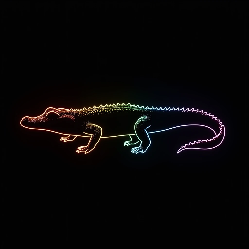 An awe-inspiring, photo-realistic extremely detailed silhouette of a full body crocodile traced with a mesmerizing gradient color line art style. The outline is formed using a blend of red, orange, yellow, green, blue, indigo, and violet hues, creating a dark fantasy ambiance. The crocodile gazes intently at the viewer with a highly detailed and accurate outline, evoking a sense of dark wildlife photography. The crocodile's silhouette fills the darkblack easily removable background, with no reflections or white lines,no white color, leaving a striking and vibrant impression., wildlife photography, dark fantasy, architecture, vibrant