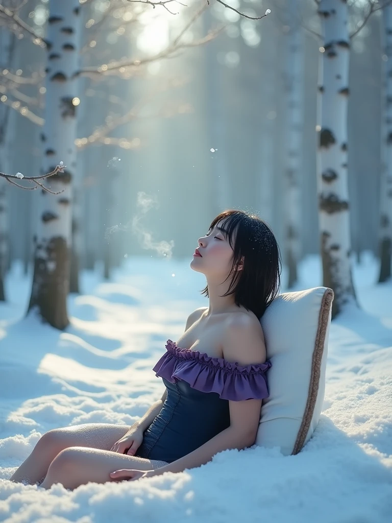 High resolution, masterpiece, Highest quality, One person, Japanese, Cute Face、Looking up at the sky、Melancholic expression、Close ~ eyes、White Breath、Steam from the body、Black Hair, Bob Cut Hair, White frilly off-shoulder swimsuit、Large Breasts, Sweat、Wet Hair、Wet body、Beautiful snowy birch forest、The background is a psychedelic glowing light.、Sleeping in an infinity chair、