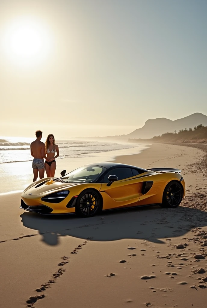 A super car on beach and two people aur joking