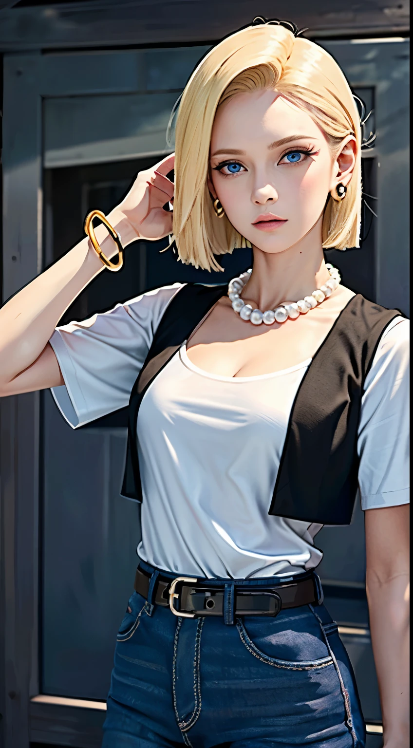 8k, real picture, intricate details, ultra-detailed,(photorealistic),
and18, 1girl, android 18, blonde hair, blue eyes, belt, jeans, pearl_necklace, bracelet, black gloves, white shirt, short hair, short sleeves, earrings, blue pants, open vest, black vest,
peace, sign