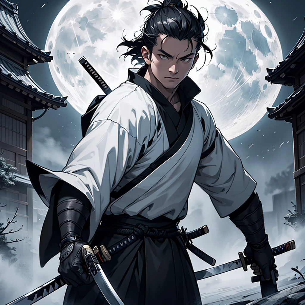 Close up picture of a ronin slashing his katana under the Moonlight, black and white, highly detailed, masterpiece