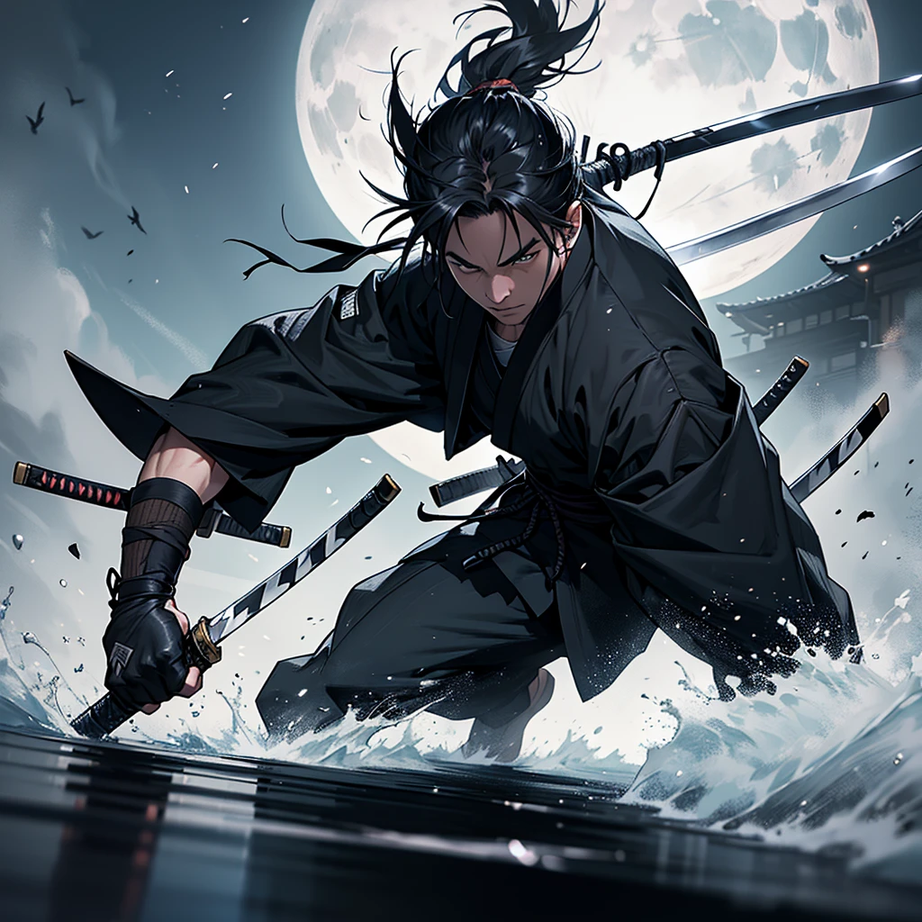 Close up picture of a ronin slashing his katana under the Moonlight, black and white, highly detailed, masterpiece