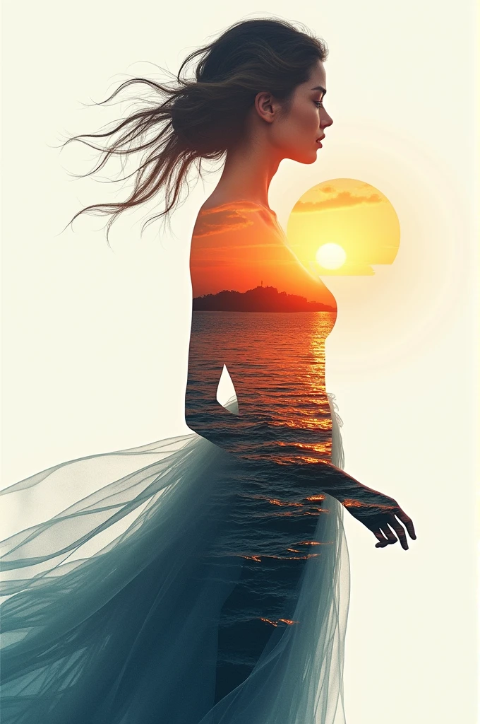 high qualiy, 8k Ultra HD, Uma linda Double exposure que combina uma silhueta de deusa com costa ao pôr do sol, the coast at sunset should serve as a backdrop, with its details incorporated into the goddess, Sharp lines, The background is monochromatic, sharp focus, Double exposure, By Yukisakura, stunning full colors.