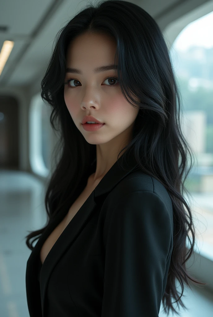 Beautiful girl future black hair and black suit