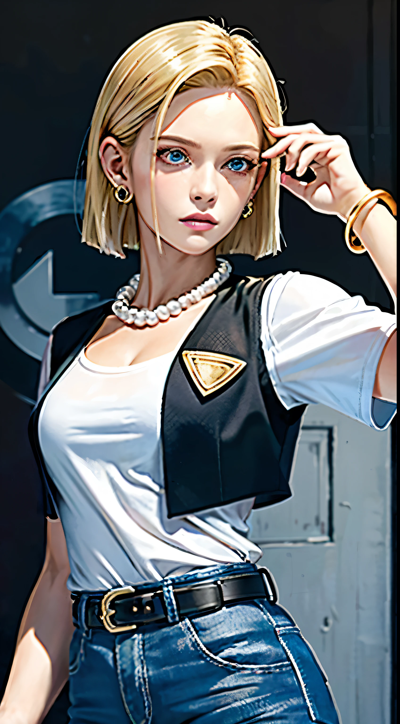 8k, real picture, intricate details, ultra-detailed,(photorealistic),
and18, 1girl, android 18, blonde hair, blue eyes, belt, jeans, pearl_necklace, bracelet, black gloves, white shirt, short hair, short sleeves, earrings, blue pants, open vest, black vest,
peace, sign
