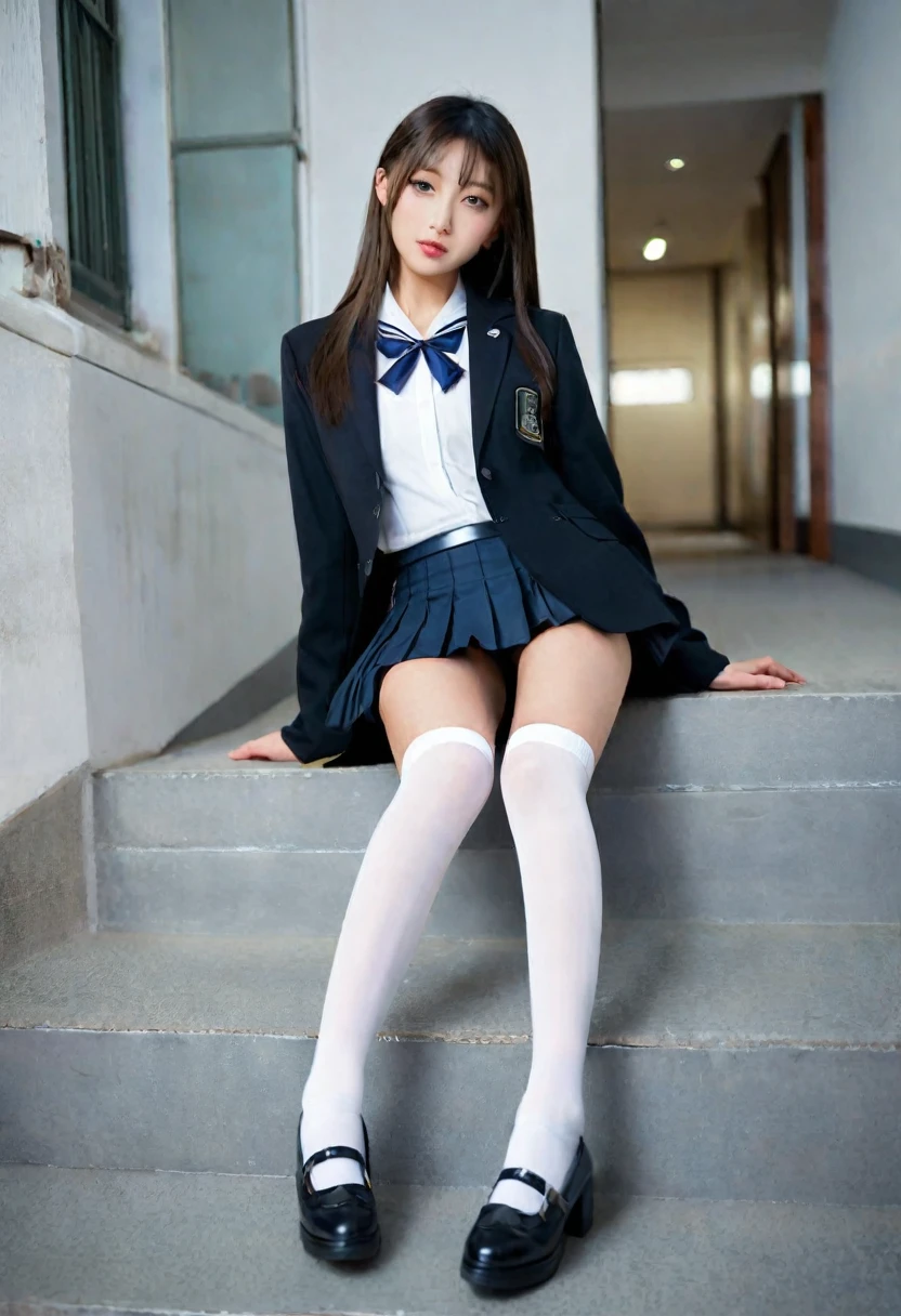 Photo realistic:1.4, Realistic, Realistic face and eyes:1.5, Realistic skin:1.6, One Girl, Beauty, Super Beauty, Beautiful Japanese actresses, Perfect Face, Face in perfect proportions, Shiny Hair, Big eyes, Perfect Eyes, Attractive eyes, Double eyelids, Small Nose, Glossy lips, Thin jaw, perfect female body, Large Breasts, Small waist, Round ass, Long, slender legs, Glowing Skin, A Japanese woman taking a photo in a black suit and skirt., knee sox and skirt, Wearing a skirt and knee-high socks, JK Uniform, Japanese School Uniform, Japanese girls uniform, Dressed as a high school girl, Girl in uniform, high school girl, Girl in suit, Surreal school girl, Leg and thigh shots, from below, masterpiece, anatomically correct, textured skin, high details, high quality