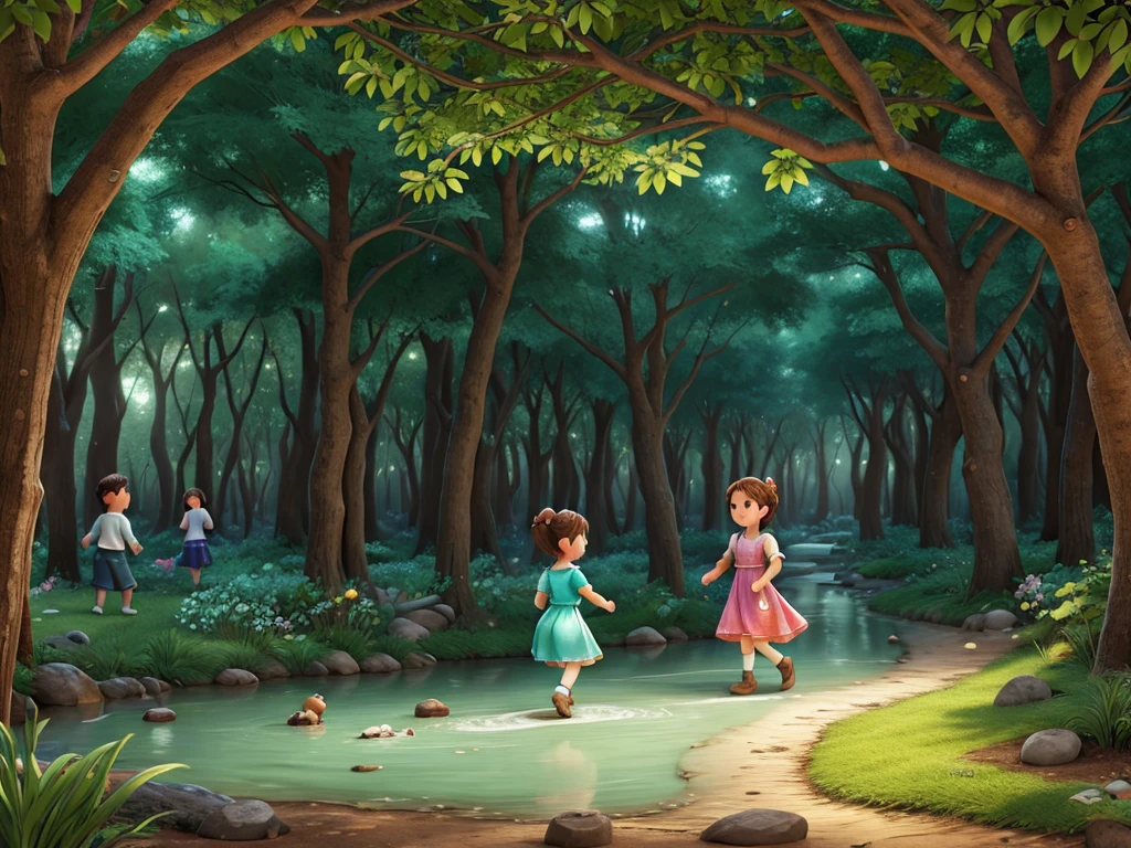 Entering the Enchanted Forest
The siblings cross the sparkling stream and enter the enchanted forest.