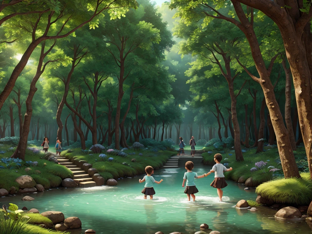 Entering the Enchanted Forest
The siblings cross the sparkling stream and enter the enchanted forest.