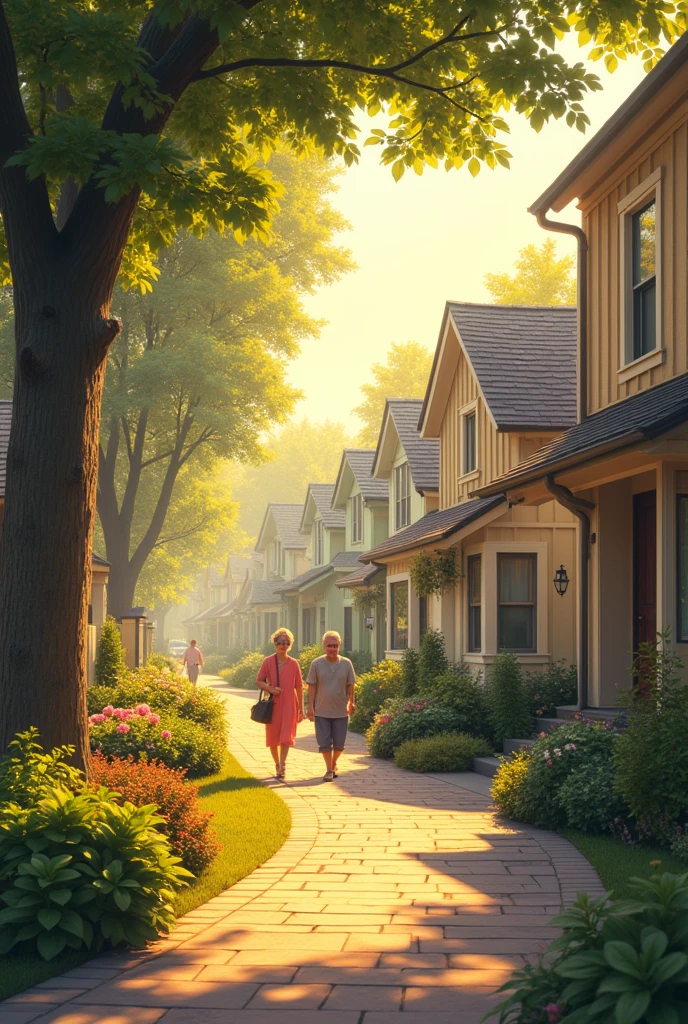 a serene neighborhood, basking in the warm glow of morning sunshine. 