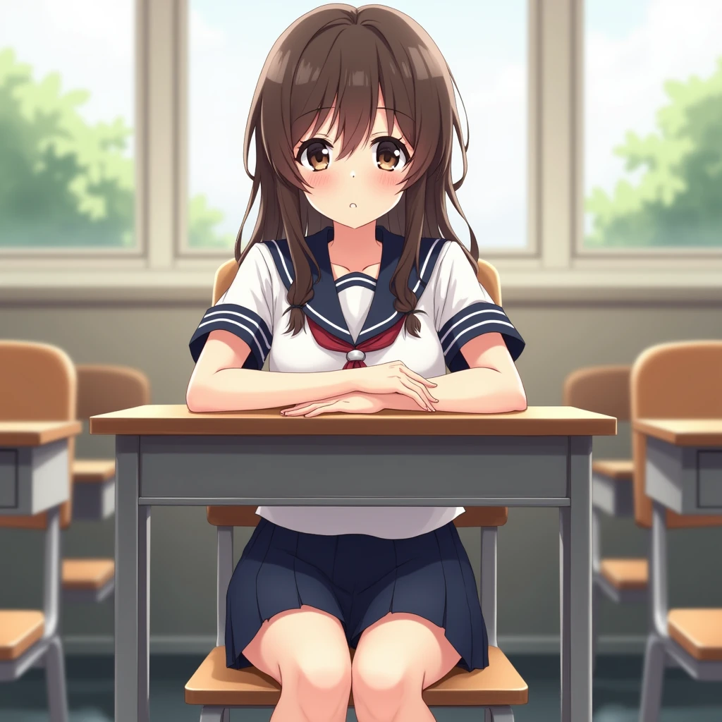 anime style,
1girl, 16yo, opposite facing chairs, sitting backwards, put own arms on back of chair, smile,
white school uniform, serafuku, short sleeve, navy-blue sailor collar with blue ribbon,
navy-blue skirt, skirt up,
black high socks, small chest, summer uniform, uwabaki,
red-ribbon low-twintails, black very-long hair,
dark brown eye,
classroom, indoors, school chair, school desk,
school,
from front, upper body, from slightly above,
day, summer, high quality, ultra detailed, masterpiece, super detail, highres, anatomically correct, UHD