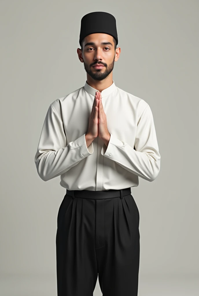 (photorealism:1.2), male adult, full body, black pants, white long sleeve shirt, triangle two hand sign in front of chest, black peci