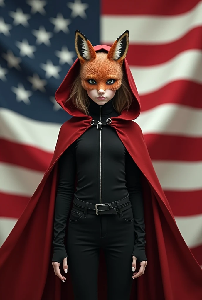 (little_girl_flat_chest_waring_foxmask_reviewer_black_red_cloak_cloak_tight_black_red_shirt_shirt_type_black_pants) (big_americans_flag_in_background)