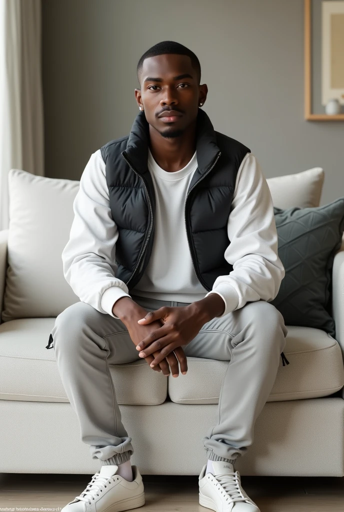 best qualityer:1.4), (ultra high resolution:1.2), (photorrealistic:1.4), (8k, CRU photo:1.2), a thin young man of 20 years old, skin black, with a smooth, beardless face, corte de cabelo buzzcut. He&#39;s wearing a white shirt and a puffer jacket over it.. is wearing light jeans. He's wearing white sneakers. He is sitting comfortably on the white sofa in a living room. thin build. Corte de cabelo buzzcut 