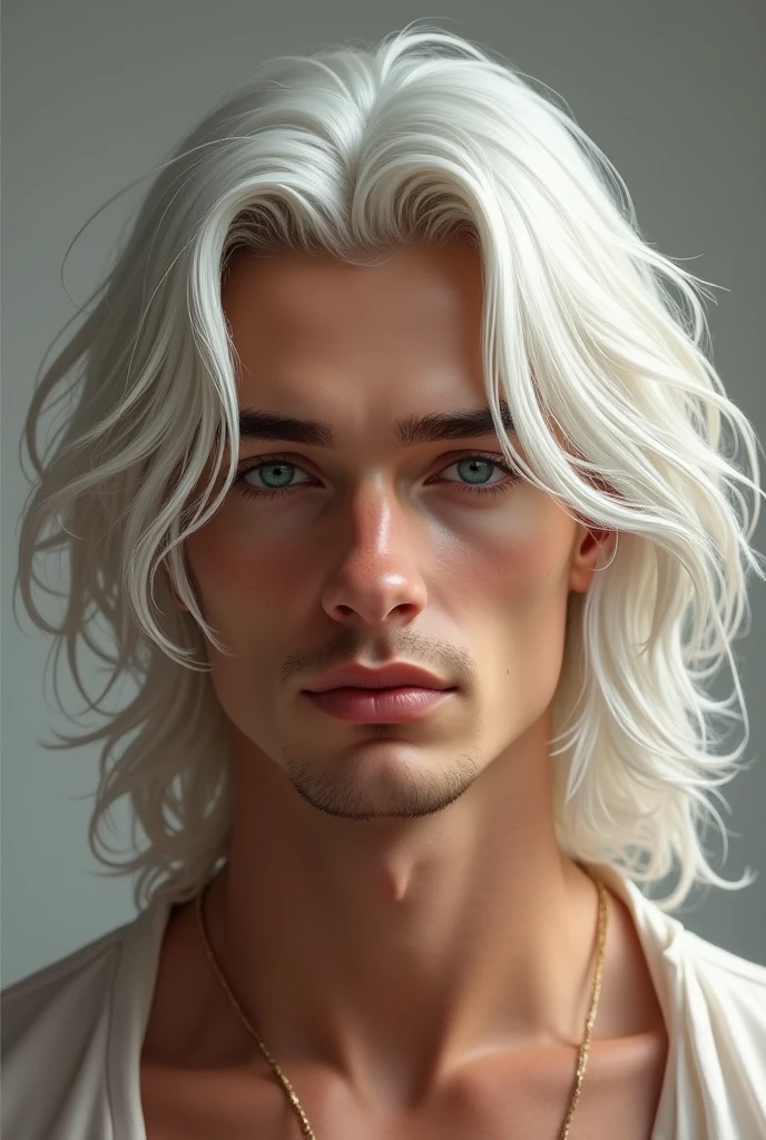 A young man with long white hair, tanned skin, dark blue eyes, handsome, calm, no beard.