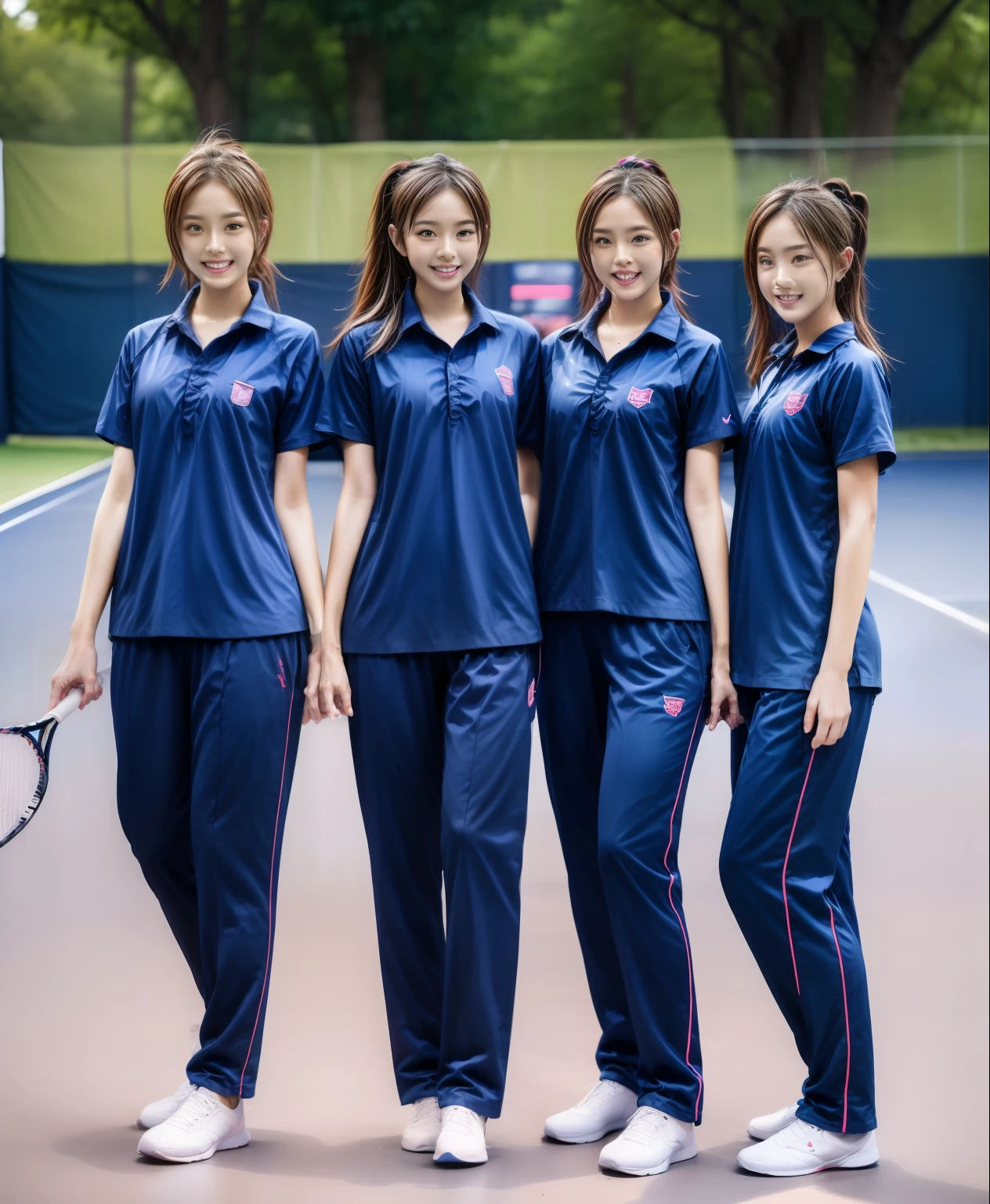 3 girls play tennis at tennis courts, Navy blue short-sleeved shirt,Navy Long Trackpant,Sweatpants, Sweatpantsขายาว,2 girl, lesbian, sexy, exercise clothes, wet body, exercise clothes