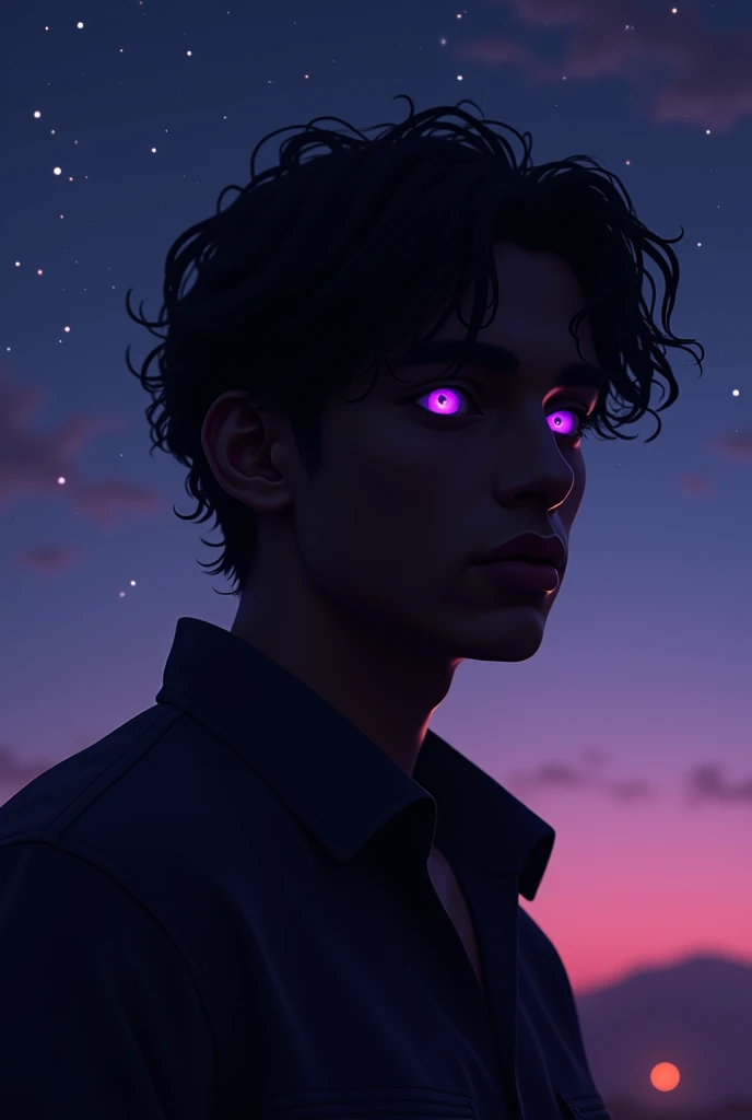 Silhouette of a purple-eyed young man at night, latina, Dark brown hair, Dark brown skin ultra-realistic high-quality image generation, bringing limitless possibilities to artistic creation. 